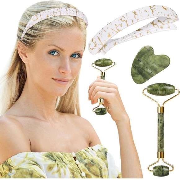 Gemstone Other - 3pc Carved Jade Facial Roller Ball Set AND Jade Gua Sha Massage Set, Bea…